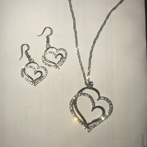 Silver and diamond heart necklace and earrings set